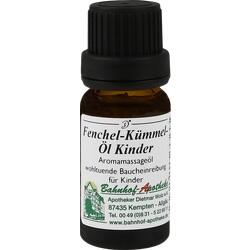 Braunes Fläschchen mit Etikett für Fenchel-Kümmel-Öl, geeignet für Kinder.