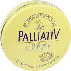 Gelbe Metalldose mit der Aufschrift "Palliativ Crème".