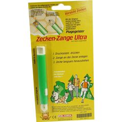 Verpackung einer Zeckenzange mit grüner Zange und Anleitung zum Entfernen von Zecken.