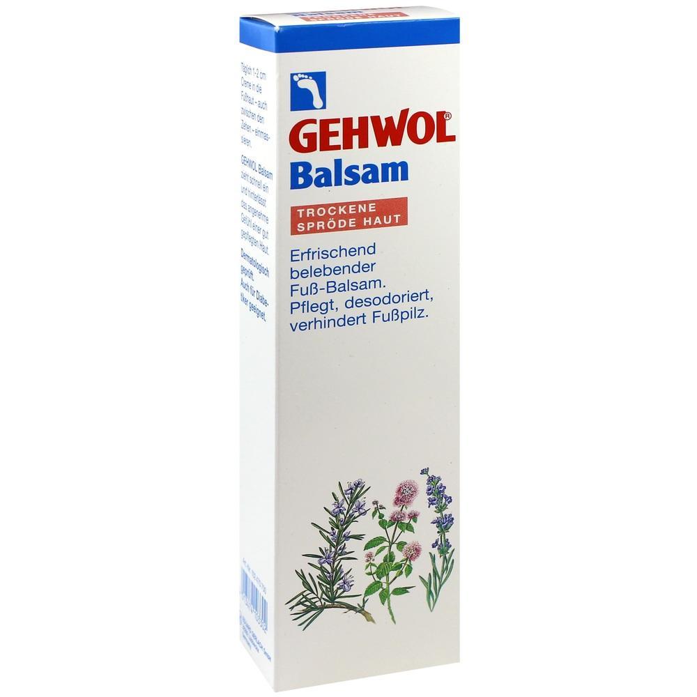 Eine Packung Fuß-Balsam für trockene Haut mit Pflanzenabbildungen.