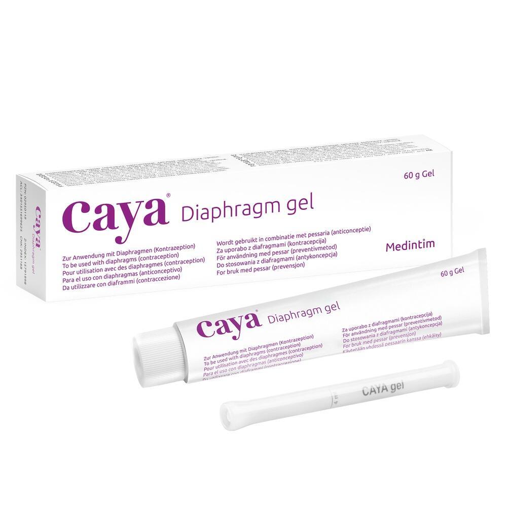 Eine Verpackung und Tube Caya Diaphragmagel zur Verhütung.